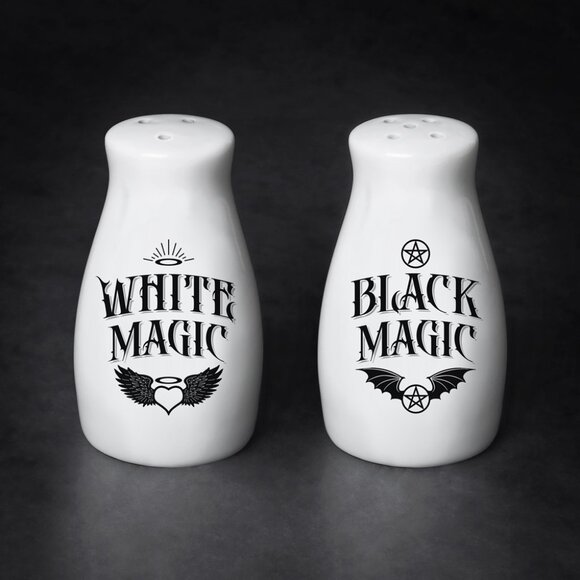 Alchemy Gothic 'White Magic / Black Magic' Bone China Salt & Pepper Shakers NEW - Picture 1 of 1